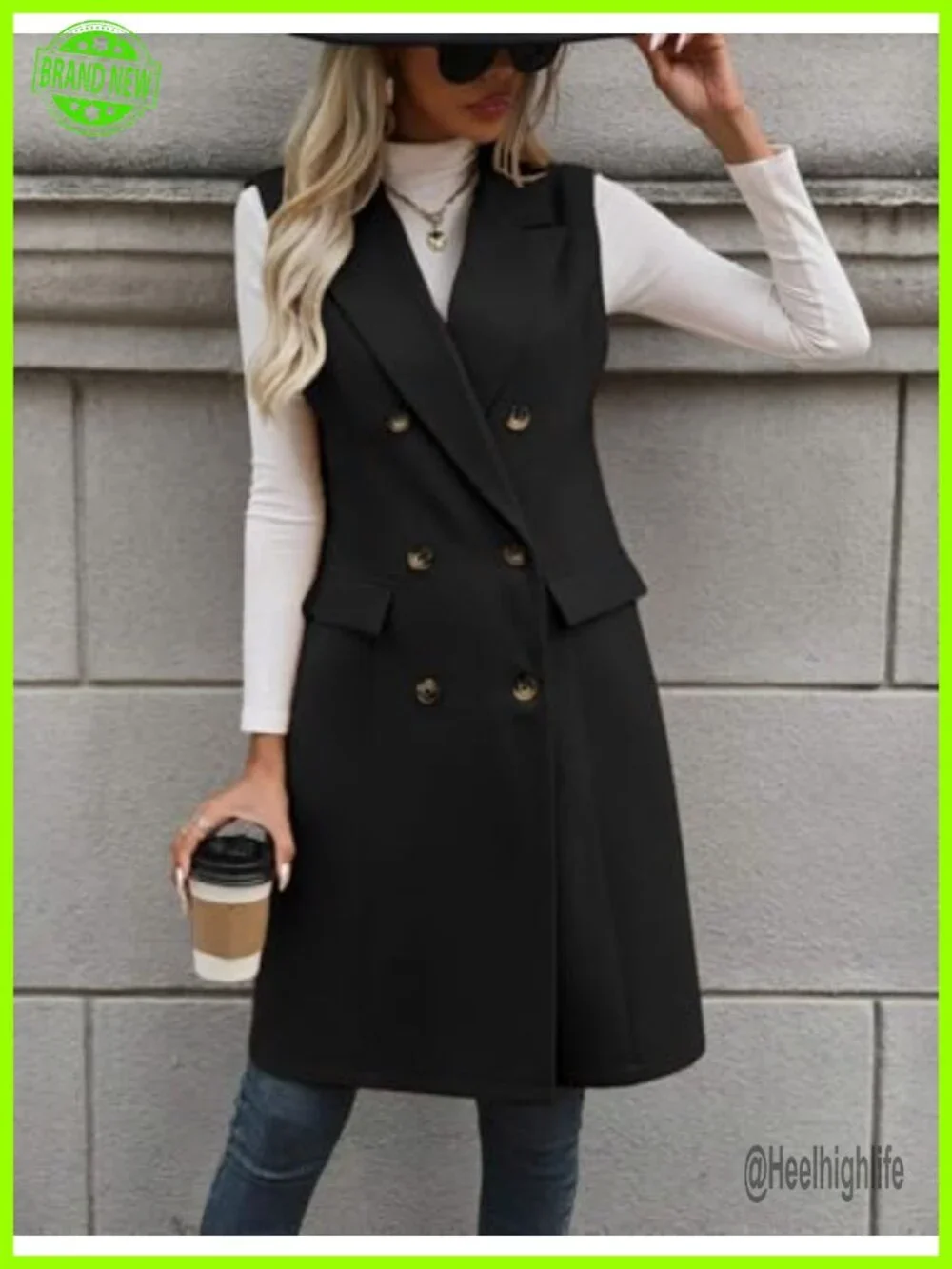 Sleeveless Long Wool Blazer Vest Double Breasted Notch Lapel